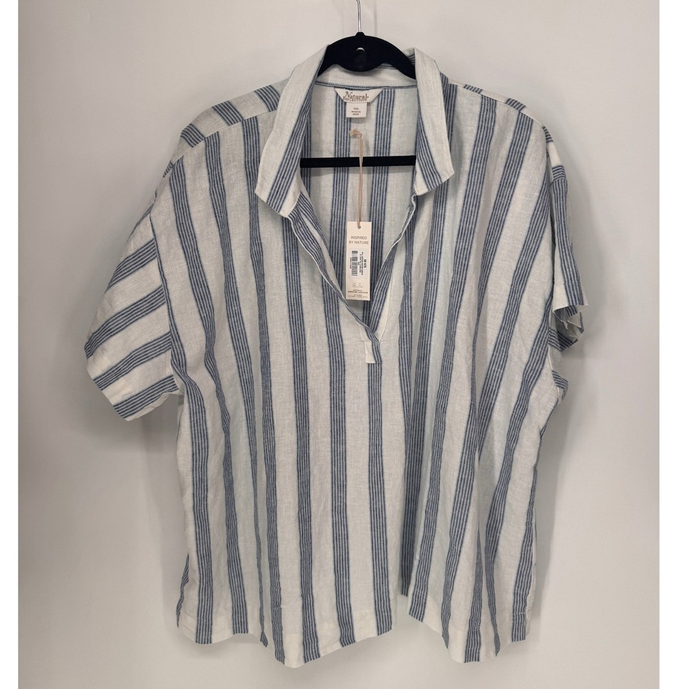 Natural Reflections Linen Resort Top Womens XXL Blue White NWT Striped Woven